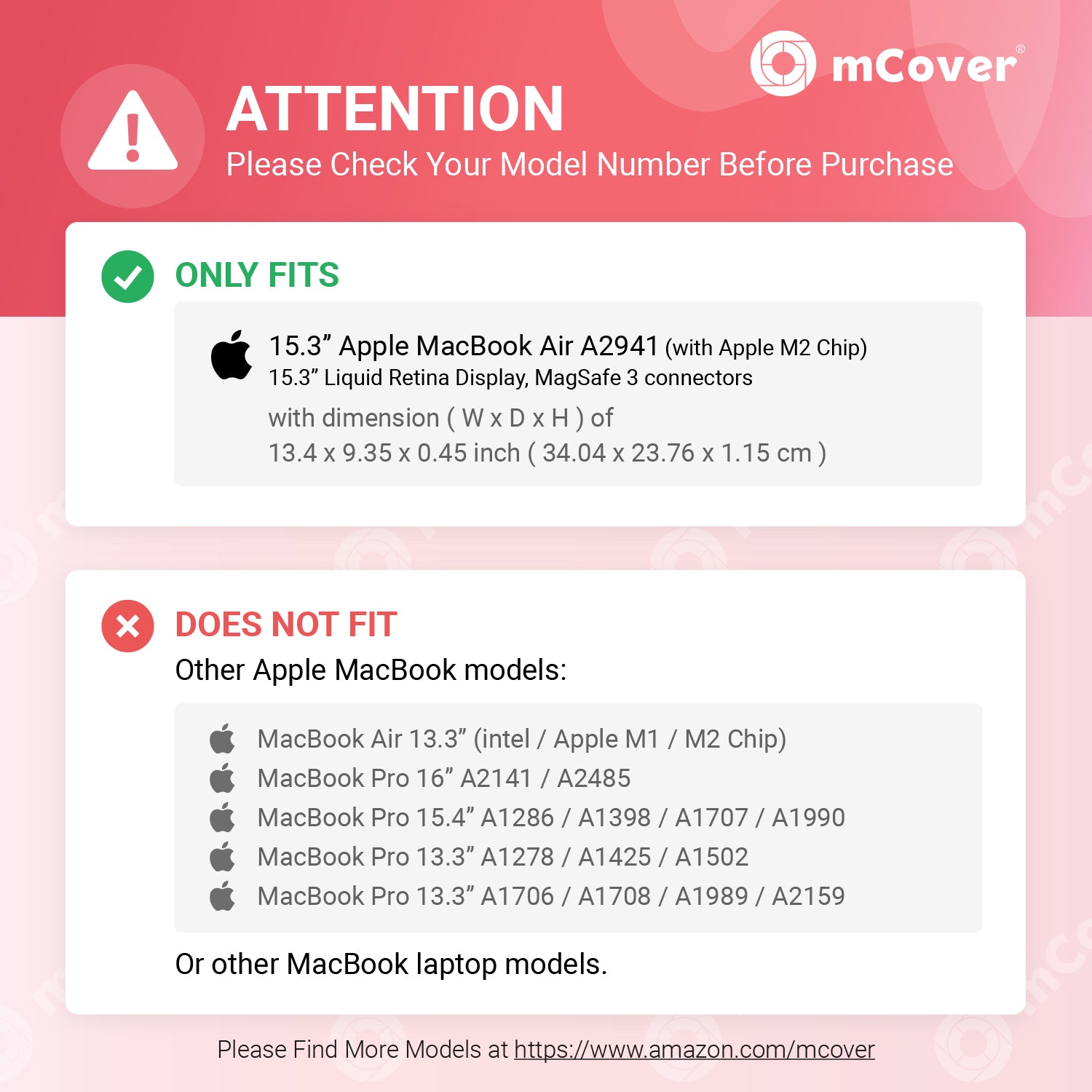 mCover Case ONLY Compatible with 2023+ 15” MacBook Air Laptop Computer (Model A2941 / A3114 / A3241, with M2 / M3 / M4 Chip, 15.3" Liquid Retina Display, USB-C + MagSafe3 connectors)