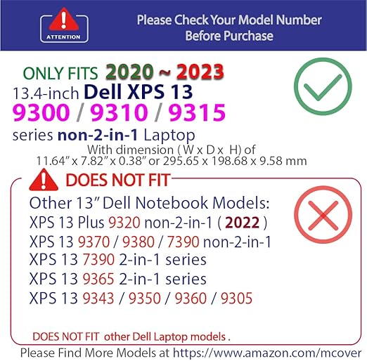 mCover Case Compatible ONLY for 2020~2023 13.4" Dell XPS 13 9300/9310 / 9315 non-2-in-1 Models Notebook Computers (NOT Fitting Other Dell Models)