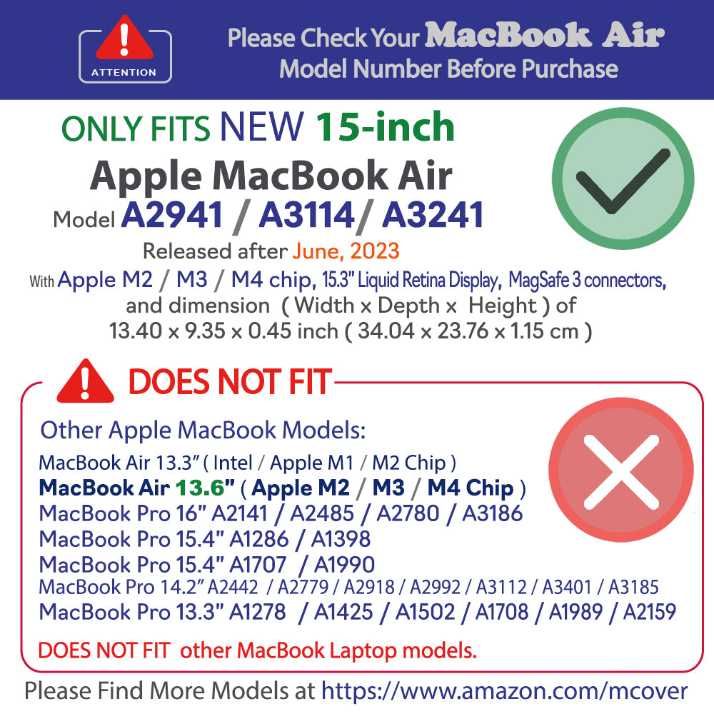 mCover Case ONLY Compatible with 2023+ 15” MacBook Air Laptop Computer (Model A2941 / A3114 / A3241, with M2 / M3 / M4 Chip, 15.3" Liquid Retina Display, USB-C + MagSafe3 connectors)