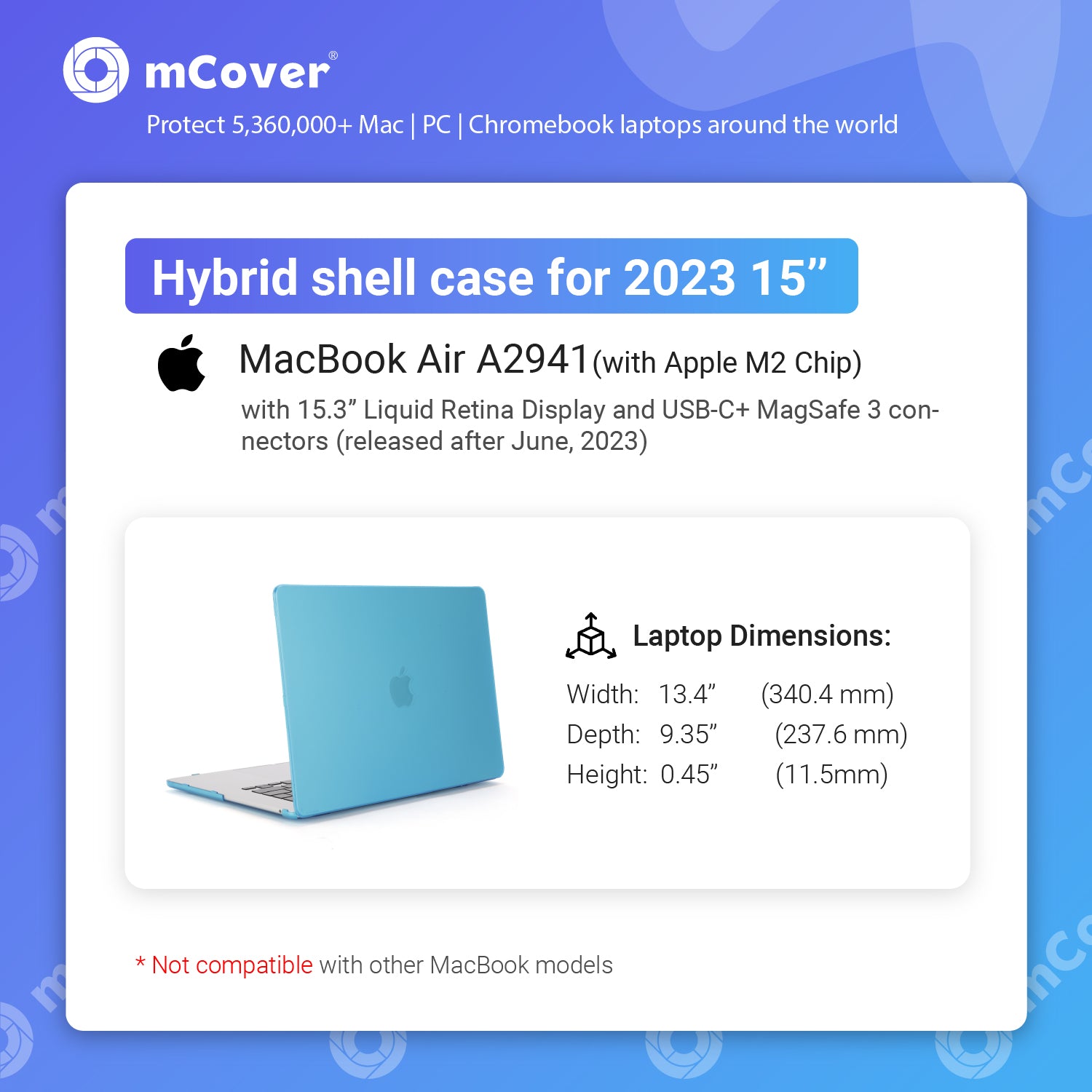 mCover Case ONLY Compatible with 2023+ 15” MacBook Air Laptop Computer (Model A2941 / A3114 / A3241, with M2 / M3 / M4 Chip, 15.3" Liquid Retina Display, USB-C + MagSafe3 connectors)