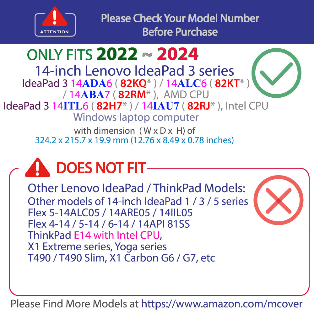 mCover Case Compatible ONLY for 2022-2024 14" Lenovo IdeaPad 3 | 3i Series (14ADA6 / 14ALC6 / 14ABA7 / 14ITL6 / 14IAU7) Windows Laptops (NOT Fitting Any Other Models)