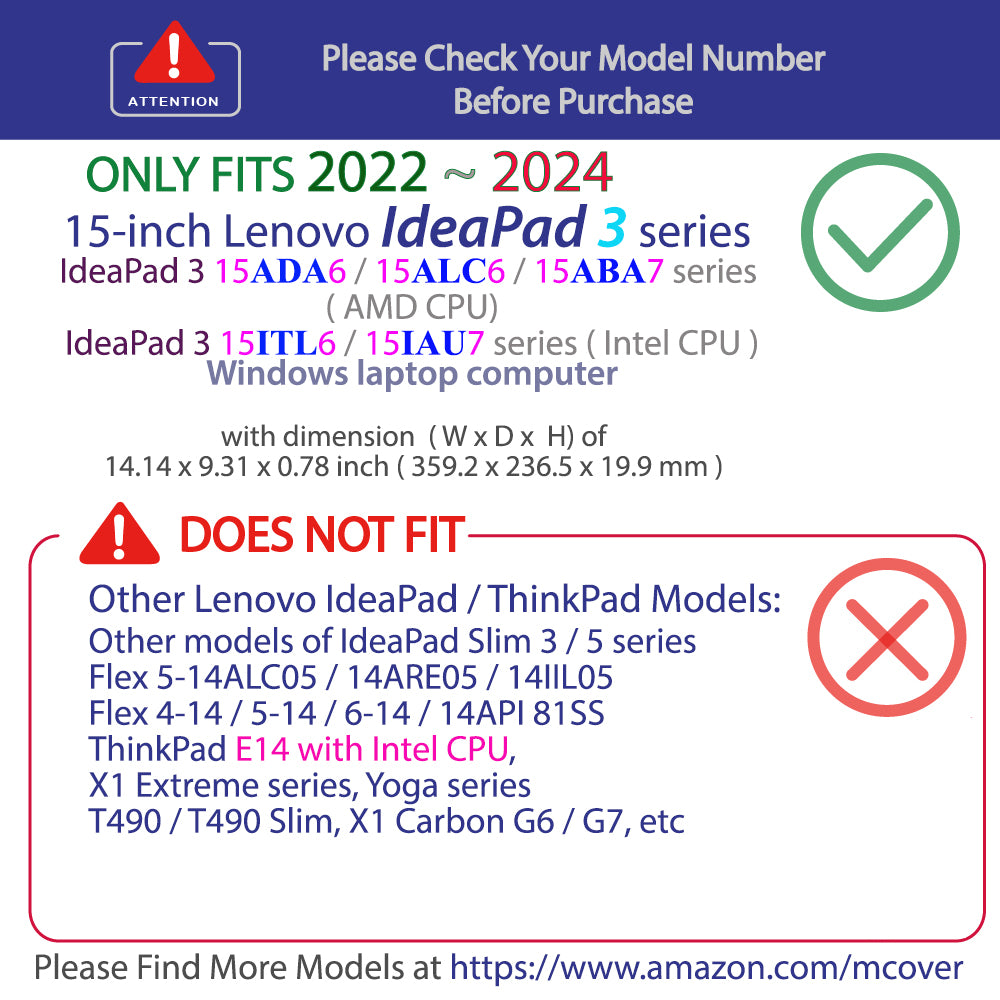 mCover Case Compatible ONLY for 2022-2024 15" Lenovo IdeaPad 3 (15ADA6 / 15ALC6 / 15ABA7 / 15ITL6 / 15IAU7) Series Windows Laptop Computers (NOT Fitting Any Other Models)