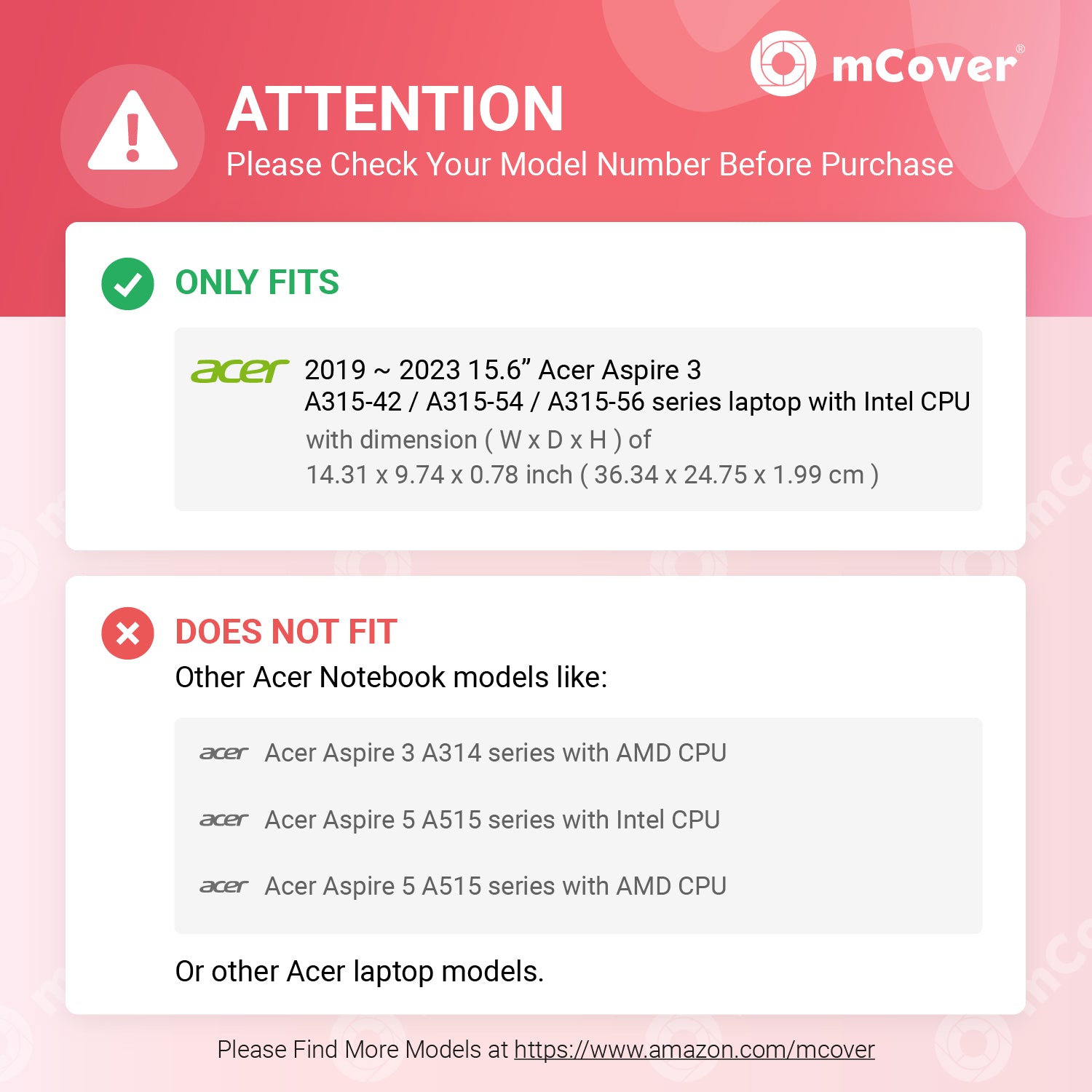 mCover Case ONLY Compatible for 2019~2023 15.6" Acer Aspire 3 A315-42 / A315-54 / A315-56 Series (with Intel CPU) Notebook PC (NOT Fitting Other Acer Models)