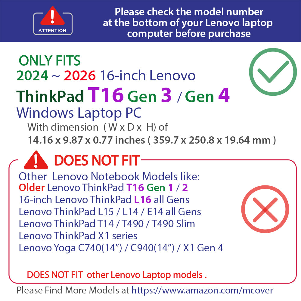 mCover case ONLY Compatible for 2024-2026 16" Lenovo ThinkPad T16 Gen 3 / Gen 4 Series Windows Notebook Computers (NOT Fitting Any Other Lenovo Models)