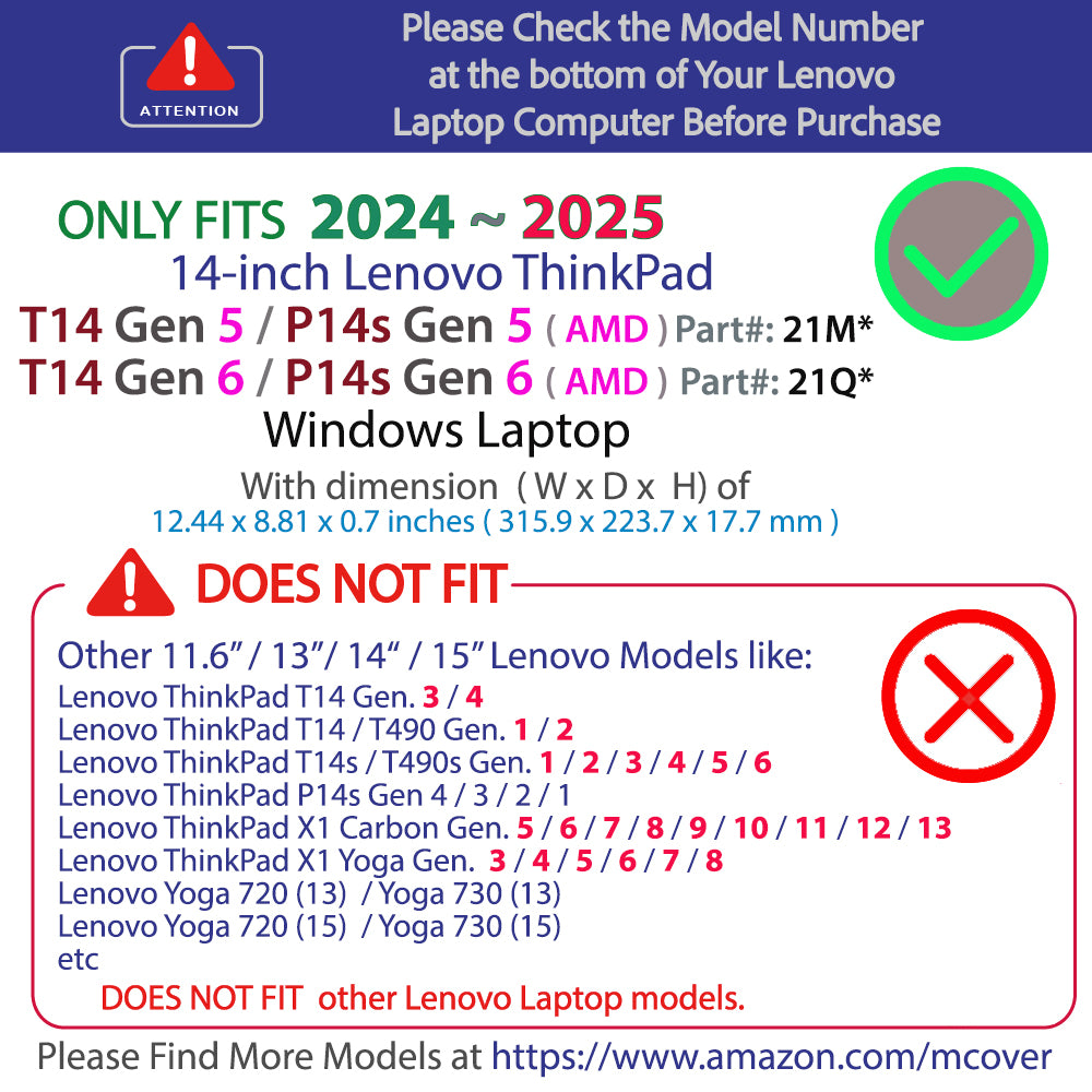 mCover Hard Case ONLY Compatible for 2024-2025 14" Lenovo ThinkPad T14 Gen 5/6 and P14s Gen 5/6 (AMD) Windows Notebook PC (with 180° Hinge, NOT Fitting Any Other Lenovo Models)