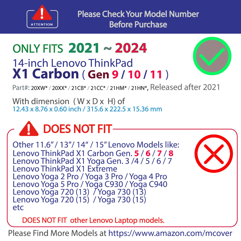 mCover Case ONLY Compatible for 2021-2024 14" Lenovo ThinkPad X1 Carbon Gen 9 / Gen 10 / Gen 11 Windows Notebook PC (with 180-degree Hinge, NOT Fitting Other Lenovo Models)