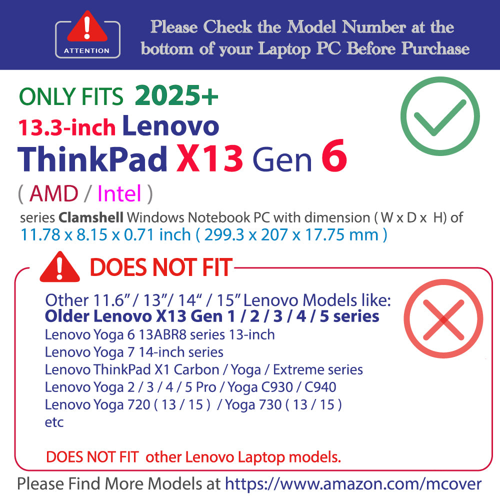 mCover case ONLY Compatible for 2025+ 13.3" Lenovo ThinkPad X13 Gen 6 Series Clamshell (with 180° Hinge) Windows Notebook PC(NOT Fitting Any Other Models)