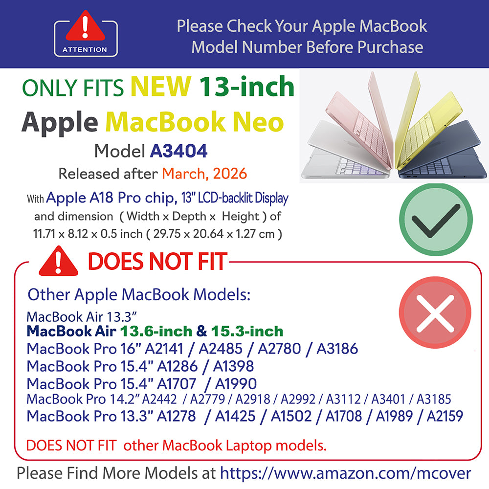 mCover Case ONLY Compatible with 2026 or Newer 13” MacBook Neo Laptop Computer (Model A3404, with Apple A18 Pro Chip, 13" LED-Backlit Display)