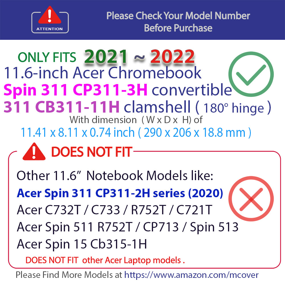 mCover Case Compatible for 2021~2022 11.6" Acer Chromebook 311 CB311-11H (180° Hinge) & Spin 311 CP311-3H Series Convertible ONLY (NOT Fitting Other Acer Models)