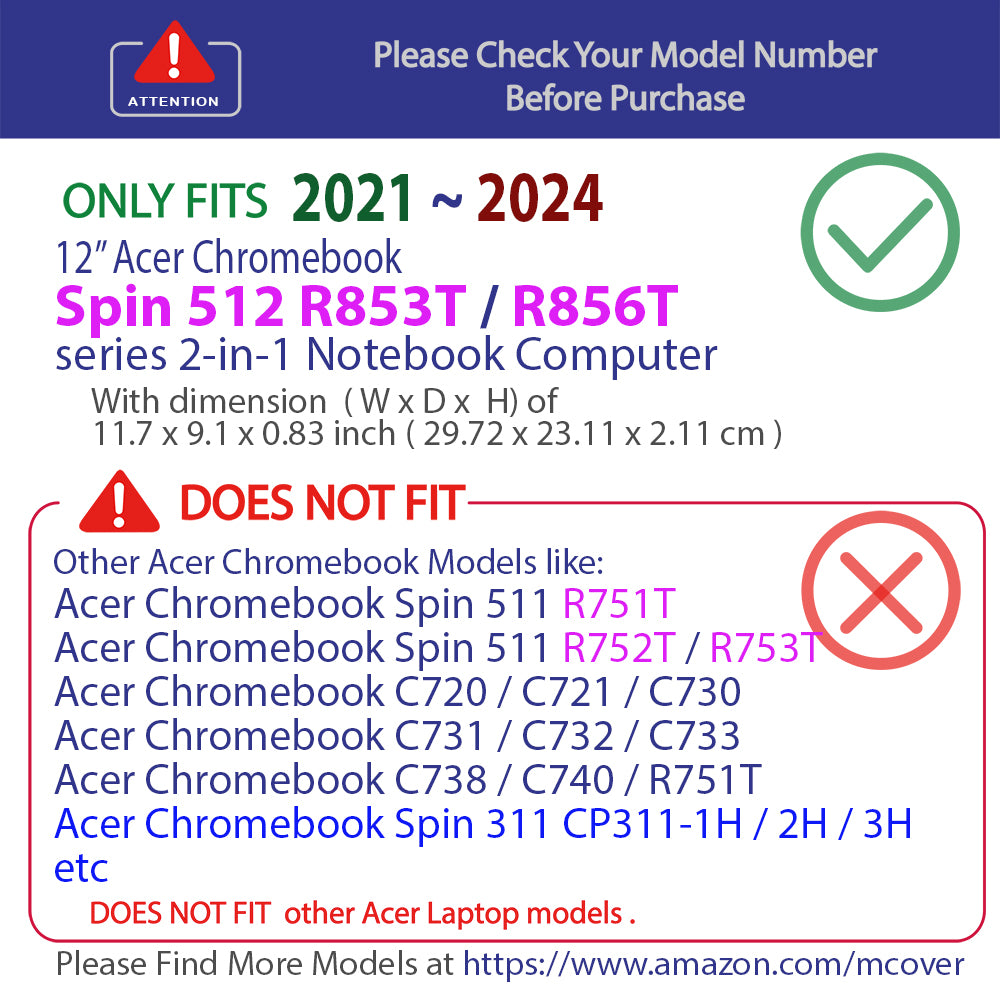 mCover Hard Case Compatible ONLY for 2021~2024 12" Acer Chromebook Spin 512 R853TA / R856T Series 2in1 Notebook Computer (NOT Fitting Any Other Models)