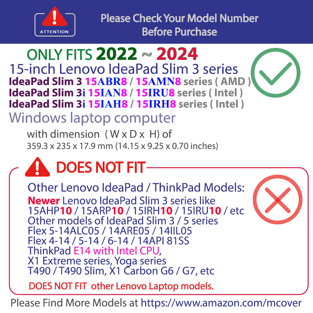mCover Case Compatible ONLY for 2022-2024 15" Lenovo IdeaPad Slim 3 ｜ 3i 15ABR8 / 15AMN8 / 15IAH8 / 15IAN8 / 15IRH8 / 15IRU8 Windows Computers (NOT Fitting Any Other Lenovo Models)