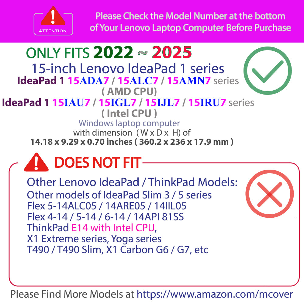 mCover Case Compatible ONLY for 2022-2025 15" Lenovo IdeaPad 1 Series (15ADA7 / 15AMN7 / 15ALC7 / 15IAU7 / 15IGL7 / 15IJL7 / 15IRU7) Windows Laptops (NOT Fitting Any Other Models)