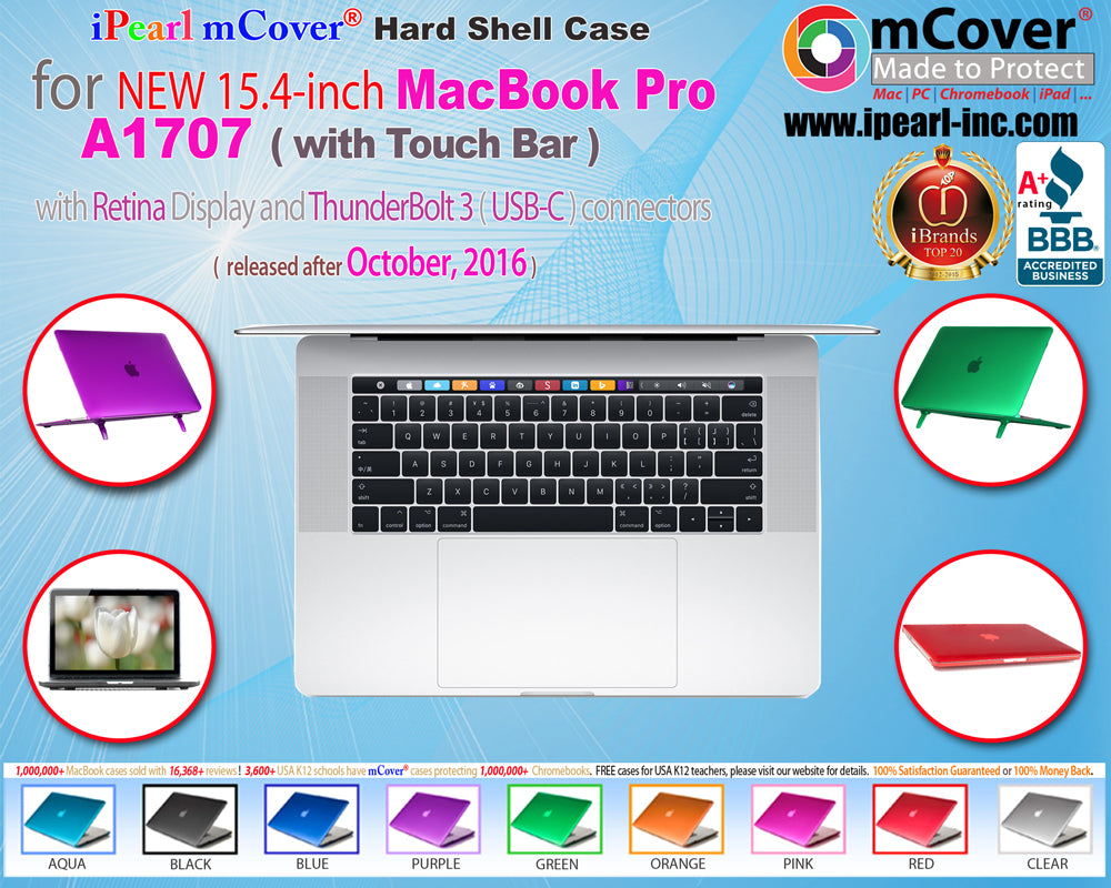 iPearl mCover Hard Shell Case for 15-inch Model 2016 A1707 / 2018 A1990 MacBook Pro (with 15.4" Retina Display, with Touch Bar & Integrated Touch ID Sensor, Thunderbolt 3 / USB-C Ports)